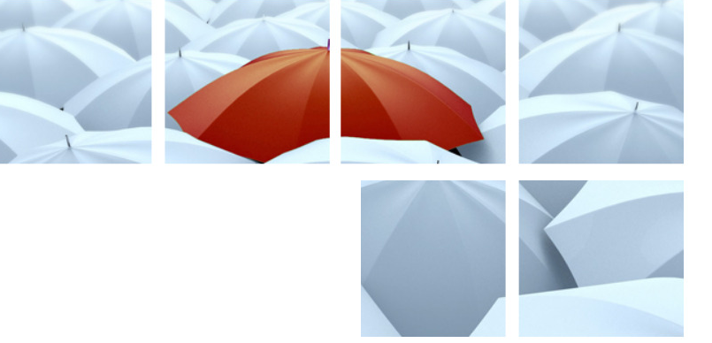 Red umbrella among white umbrellas